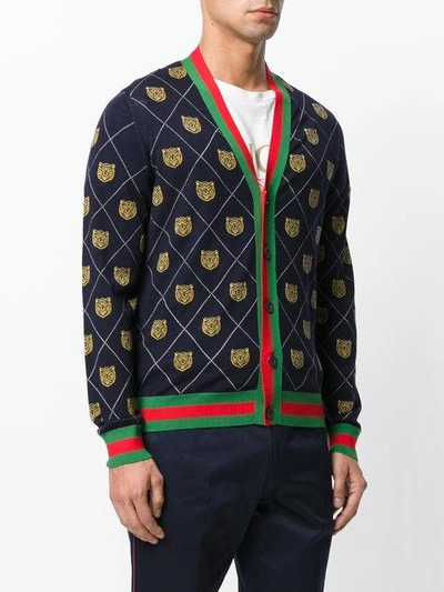 Shop Gucci Tiger Argyle Knit Cardigan - Blue