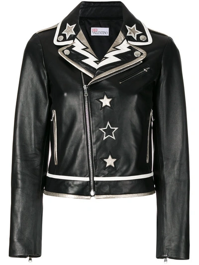 Red Valentino Leather Moto Jacket W/ Star & Lightning Bolt Intarsia In Black