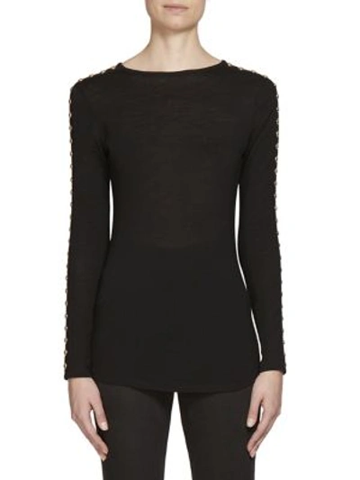 Shop Balmain Studded Sleeve Jersey-knit Wool Top In Black