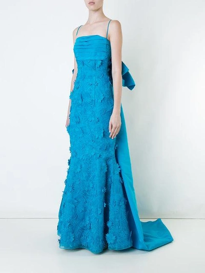 Bambah Fish Tail Floral Embroidered Evening Dress In Blue