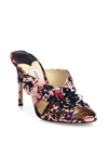 JIMMY CHOO Keely 100 Camo Flower-Print Satin Crisscross Mules