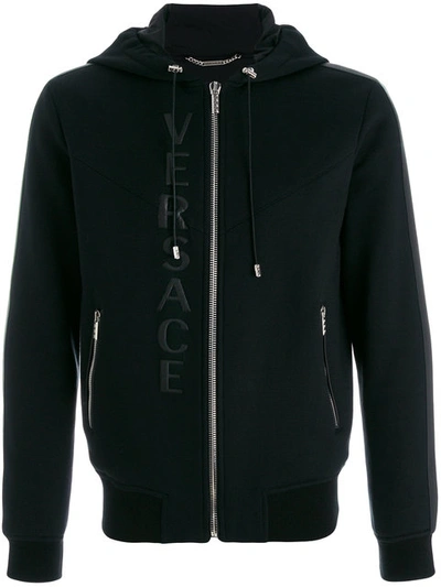 Versace Leather Logo Hooded Sweatshirt In Black