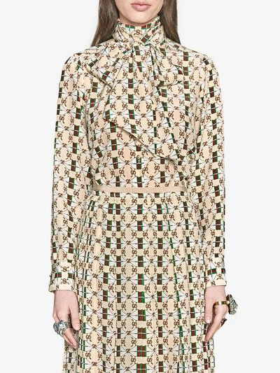 Shop Gucci Silk Shirt With Web Gg Print In Neutrals