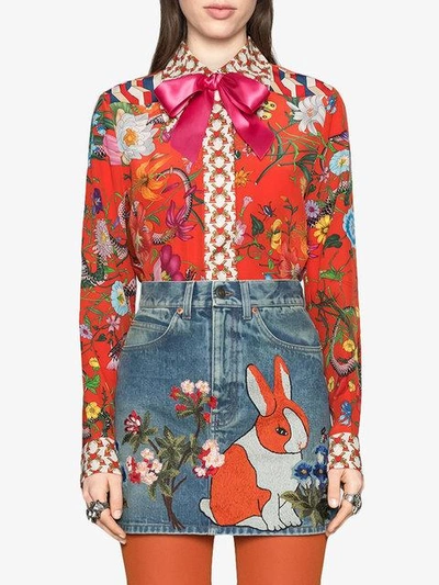 Shop Gucci Flora Snake Print Silk Shirt