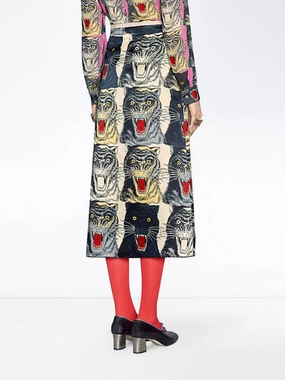 Shop Gucci Tiger Face Print Silk A-line Skirt In 9460 Ivory