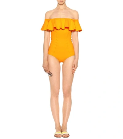 Shop Lisa Marie Fernandez Mira Flounce Swimsuit In Marigold Loeded