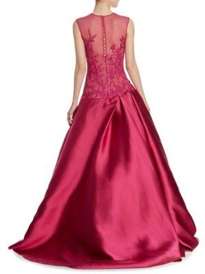 Shop Monique Lhuillier Embroidered Sleeveless Gown In Garnet