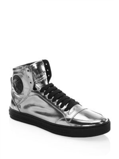 Shop Versace Leather High-top Sneakers In Gunmetal
