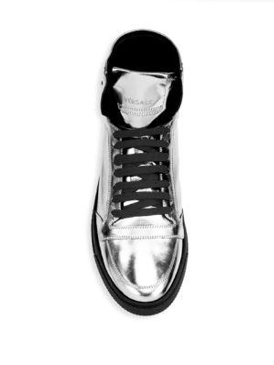 Shop Versace Leather High-top Sneakers In Gunmetal
