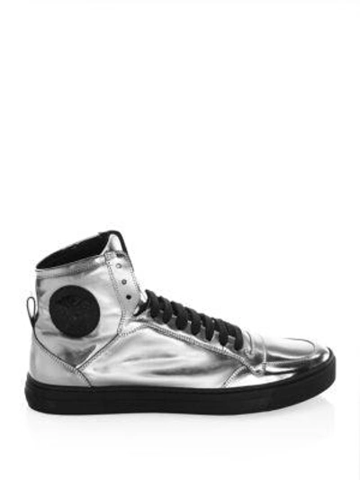 Shop Versace Leather High-top Sneakers In Gunmetal