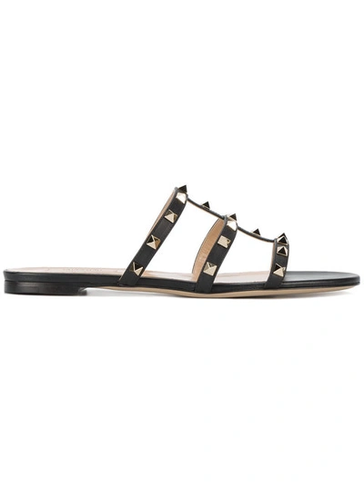 Valentino Garavani Black Calf Leather Bos Taurus Flat Sandals