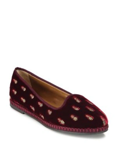 Shop Aquazzura Ananas Pineapple Velvet Smoking Loafers In Ruby Red