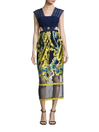 Three Floor Golden Globe Embroidered Midi Dress In Navy Buttercup Yellow