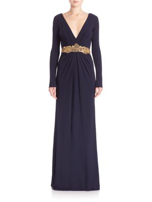 badgley mischka v neck column gown