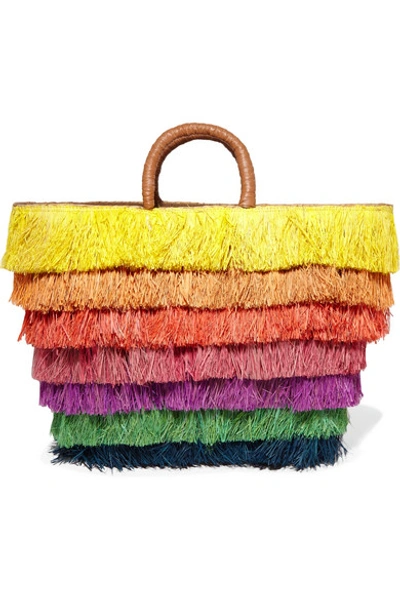 Shop Kayu Pinata Leather-trimmed Fringed Straw Tote