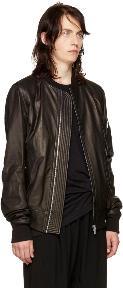 Shop Rick Owens Black Leather Raglan Bomber Jacket