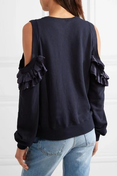 Shop Clu Cold-shoulder Ruffled Silk-trimmed Cotton-jersey Sweatshirt In Storm Blue