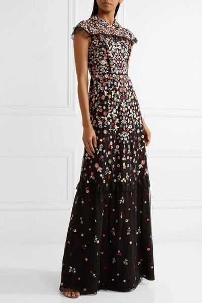 Shop Needle & Thread Posy Ruffle-trimmed Embroidered Tulle Gown In Black