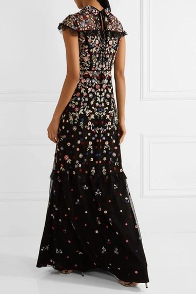 Shop Needle & Thread Posy Ruffle-trimmed Embroidered Tulle Gown In Black