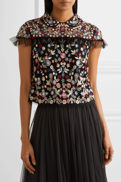Shop Needle & Thread Posy Cropped Embroidered Tulle Top In Black