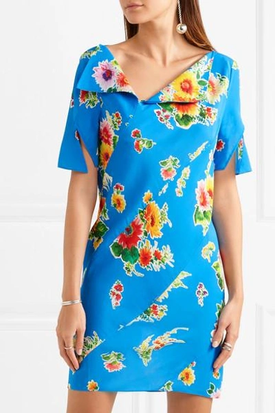 Shop Topshop Unique Floral-print Silk Crepe De Chine Mini Dress In Blue