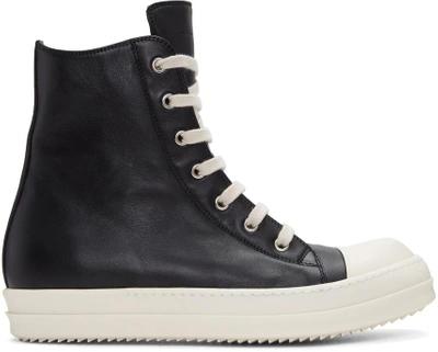 Shop Rick Owens Black Leather High-top Sneakers In 91 Black/white