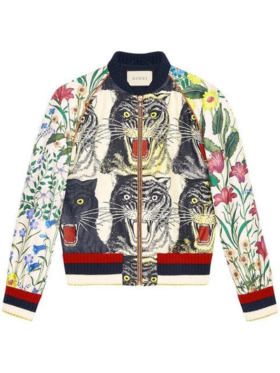 Gucci Appliquéd Printed Silk-twill Bomber Jacket In Neutrals