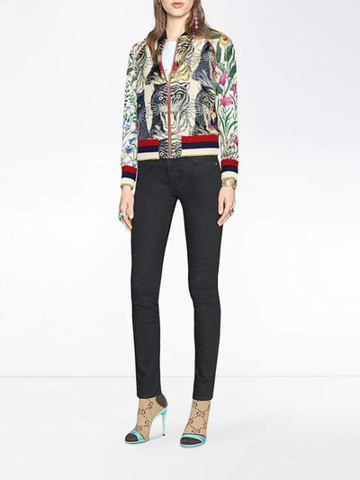 Gucci Appliquéd Printed Silk-twill Bomber Jacket In Neutrals
