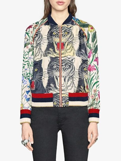 Gucci Appliquéd Printed Silk-twill Bomber Jacket In Neutrals