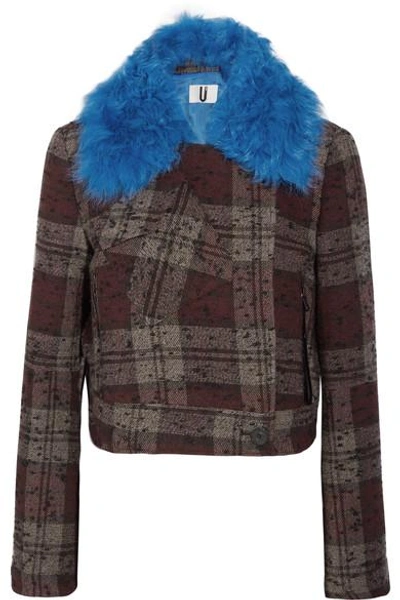 Shop Topshop Unique Cropped Shearling-trimmed Plaid Bouclé-tweed Jacket In Burgundy