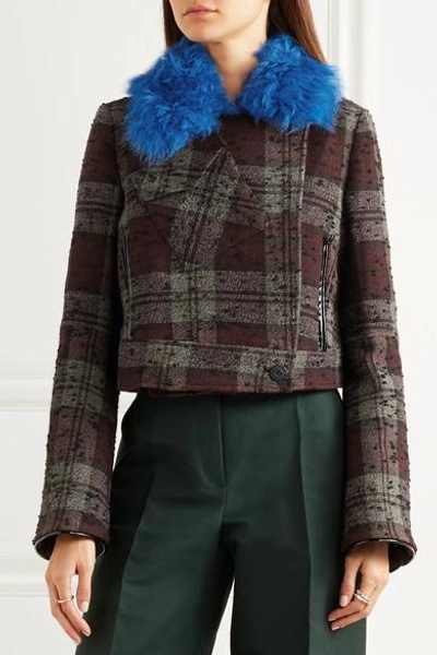 Shop Topshop Unique Cropped Shearling-trimmed Plaid Bouclé-tweed Jacket In Burgundy