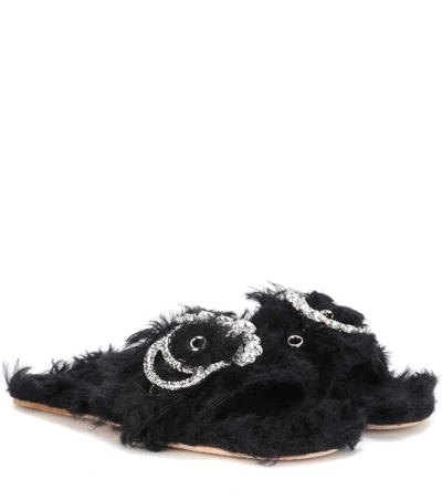 Miu Miu Embellished Faux Fur Slides In Black