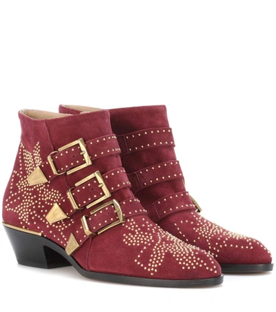 Shop Chloé Susanna Studded Suede Ankle Boots In Red