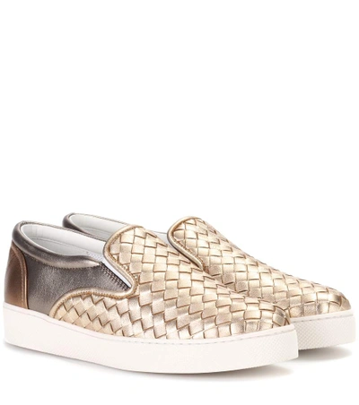 Shop Bottega Veneta Intrecciato Leather Slip-on Sneakers In Gold