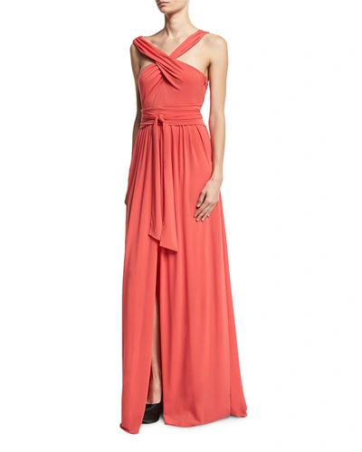 Halston Heritage Sleeveless Knotted Jersey Cross-front Gown, Poppy
