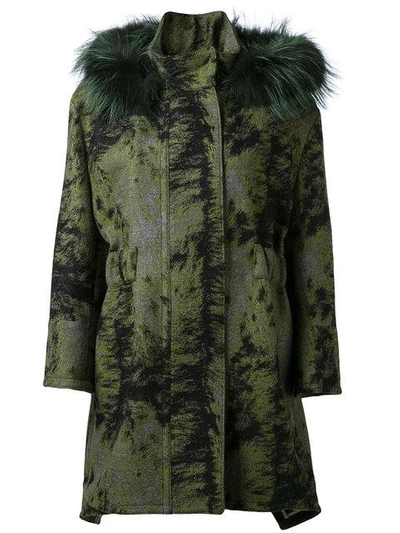 Fendi Wool Illusion Coat With Detachable Fox Trim Hood In Green, Abstract.