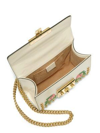 Shop Gucci Padlock Floral-embroidered Studded Leather Chain Shoulder Bag In White-multi