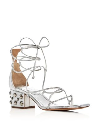 Shop Michael Kors Ayers Metallic Lace Up Studded Block Heel Sandals In Silver