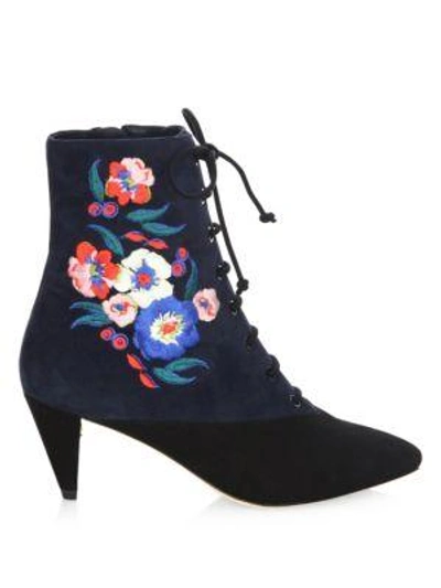 Shop Tory Burch Cassidy Lace-up Embroidered Velvet Booties In Black