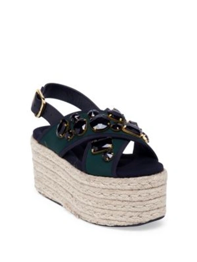 Shop Marni Jeweled Crisscross Strap Espadrille Platform Sandals In Spherical Green