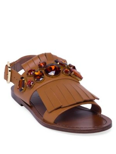 Shop Marni Embellished Leather Tassel Ankle Strap Sandals In Marron
