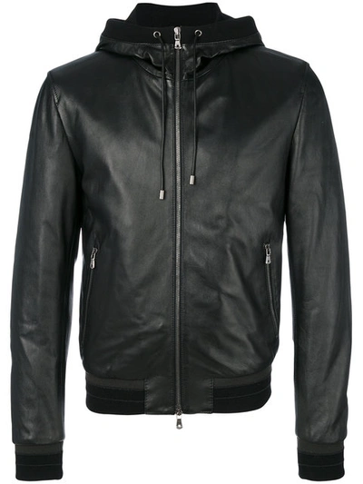 Dolce & Gabbana Leather Hood Bomber Jacket In Black