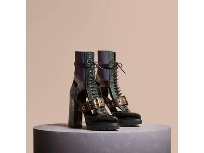 Shop Burberry Buckle Detail Leather And Snakeskin Cut-out Ankle Boots In Military Olive