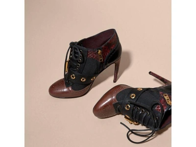 Shop Burberry Buckle Detail Leather And Snakeskin Cut-out Ankle Boots In Bordeaux