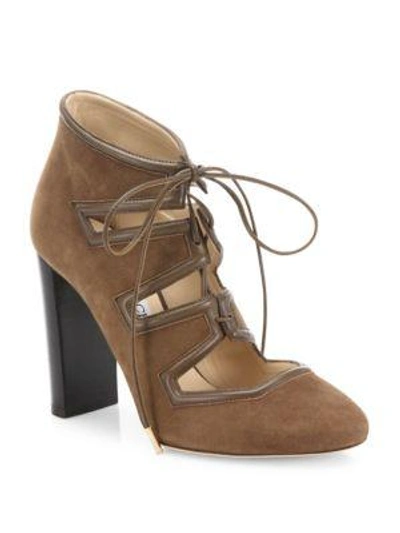 Shop Jimmy Choo Latch 100 Suede & Leather Lace-up Pumps In Brown
