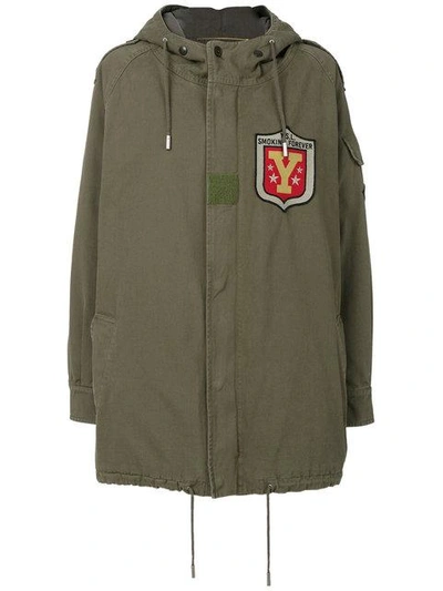 Saint Laurent Cotton Parka With Appliqués In 1340 Kaki Militare