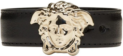 Shop Versace Black & Gold Leather Medusa Bracelet