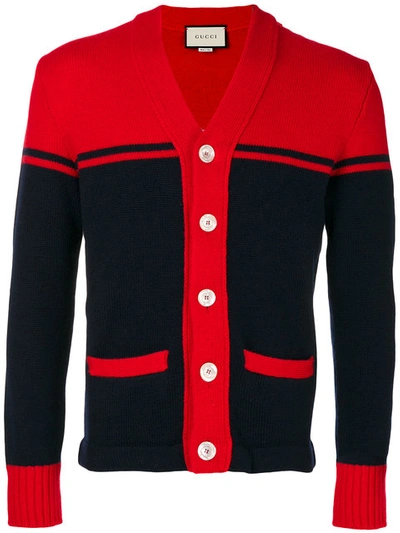 Gucci Wool Cardigan W/ Tiger Patch On Back In Red/blue