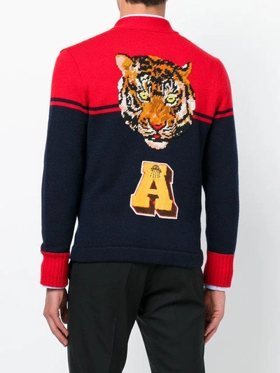 Shop Gucci Intarsia Tiger Cardigan - Blue