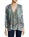 CAMILLA EMBELLISHED LACE-UP SILK TOP, BOHEMIAN BOUNTY